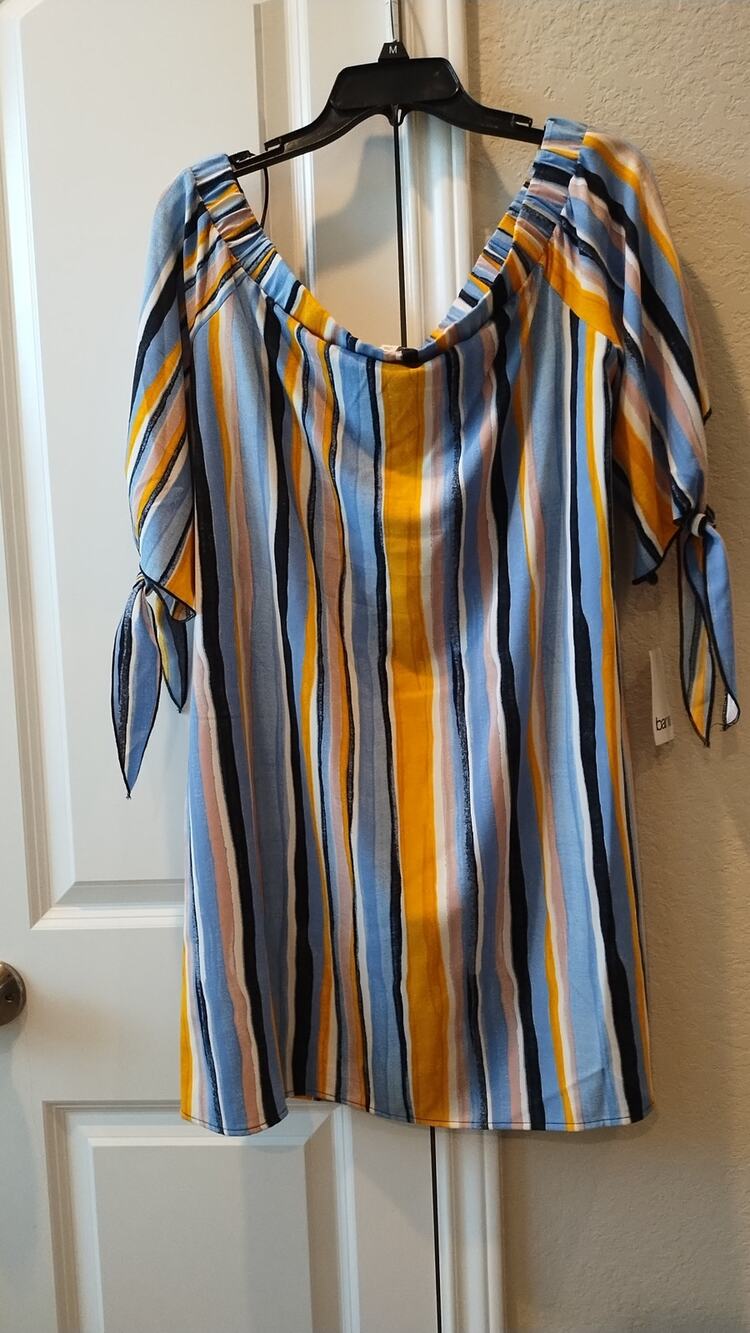 NTW Bar III tricolor striped Off-the-Shoulder Tie Sleeve Dress Size Large